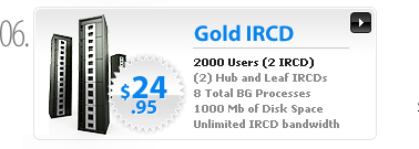 $24.95 - Gold IRCD Servers - 2000 Users - 2 (Leaf or Hub) IRCD processes - 6 non IRCD processes - 2 separate server logins - 1000MB space - 2 IPs - Unlimited bandwidth